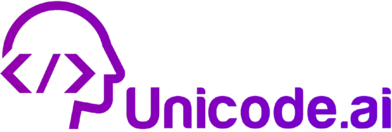 Purple outline of a human head containing HTML code brackets next to the text Unicode.ai.
