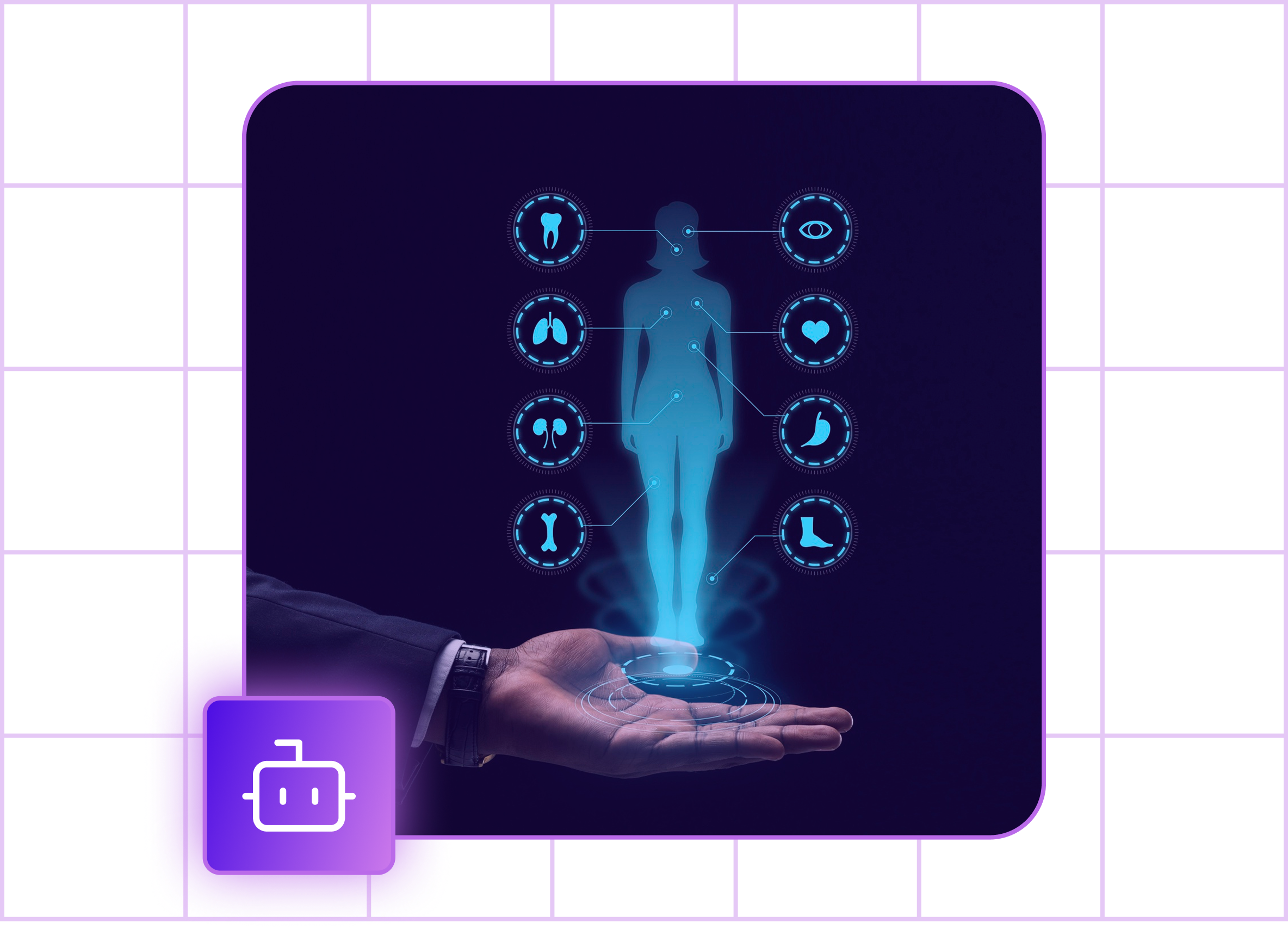 A holographic projection of a human body with health icons for teeth, lungs, kidneys, bones, eyes, heart, stomach, and foot floating above an outstretched hand.