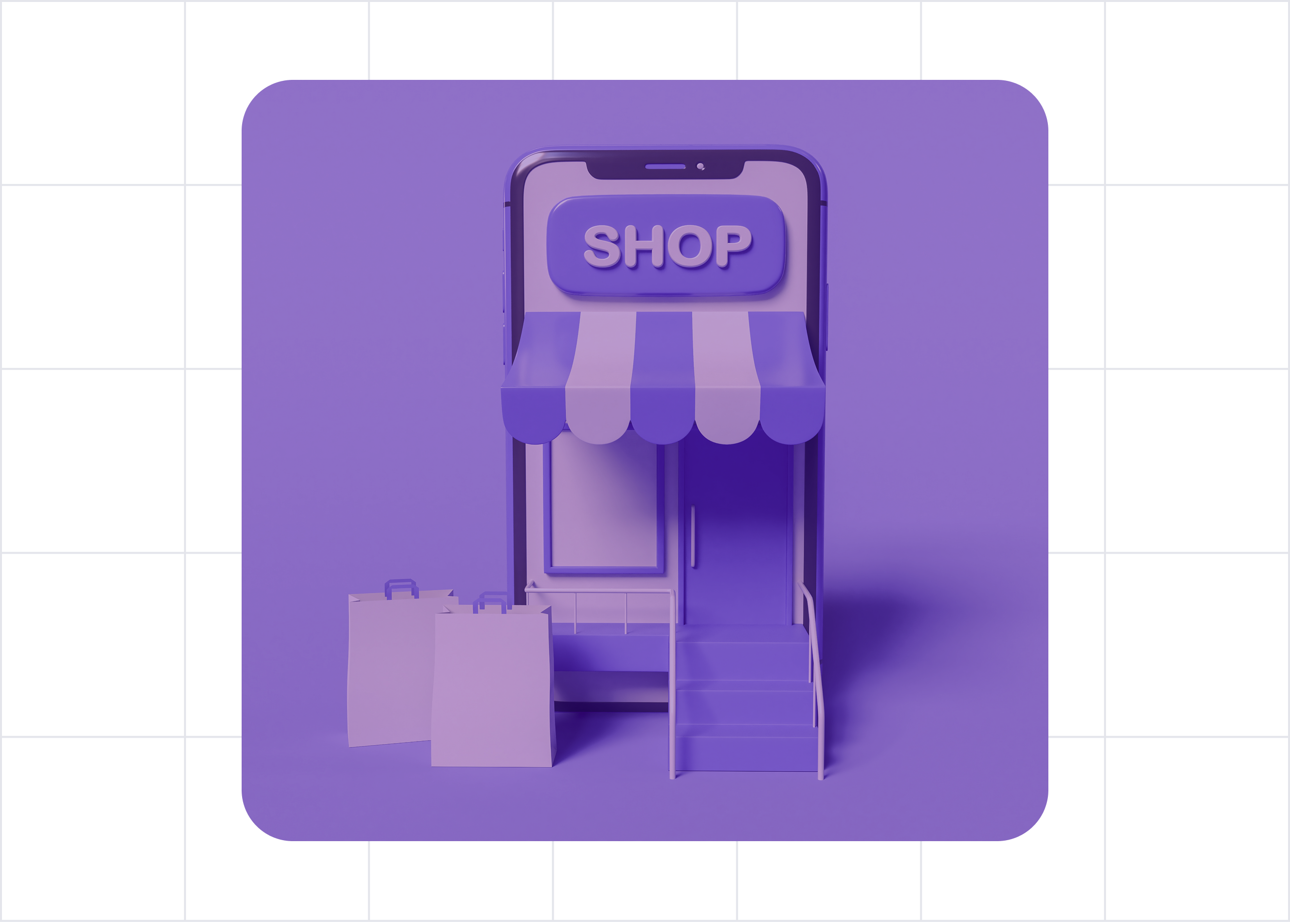 3D illustration of a smartphone with a storefront awning, door, and steps, labeled SHOP, with two shopping bags nearby.