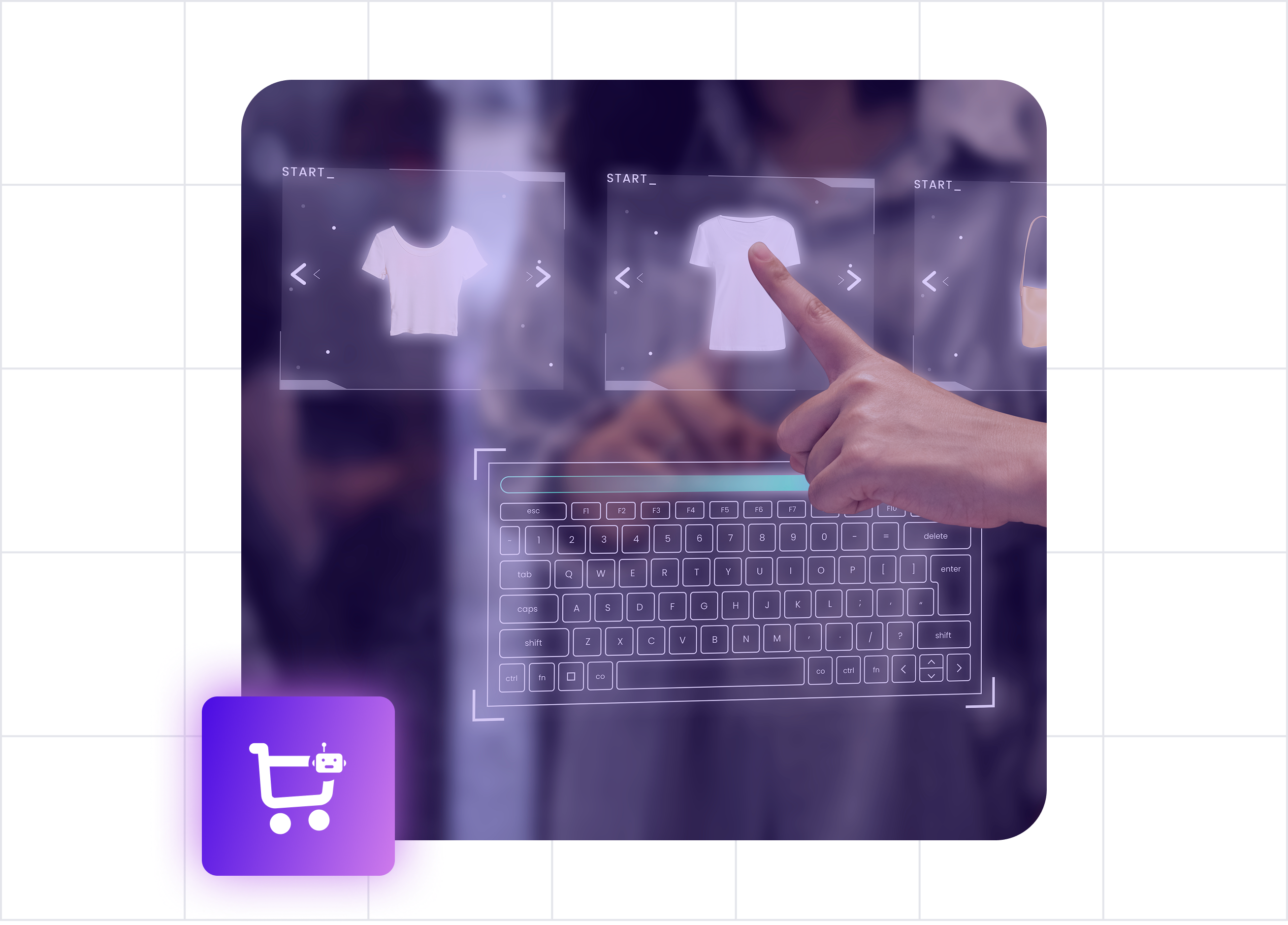 Hand pointing to a virtual display of t-shirts above a transparent keyboard with a shopping cart icon featuring a robot head in the corner.