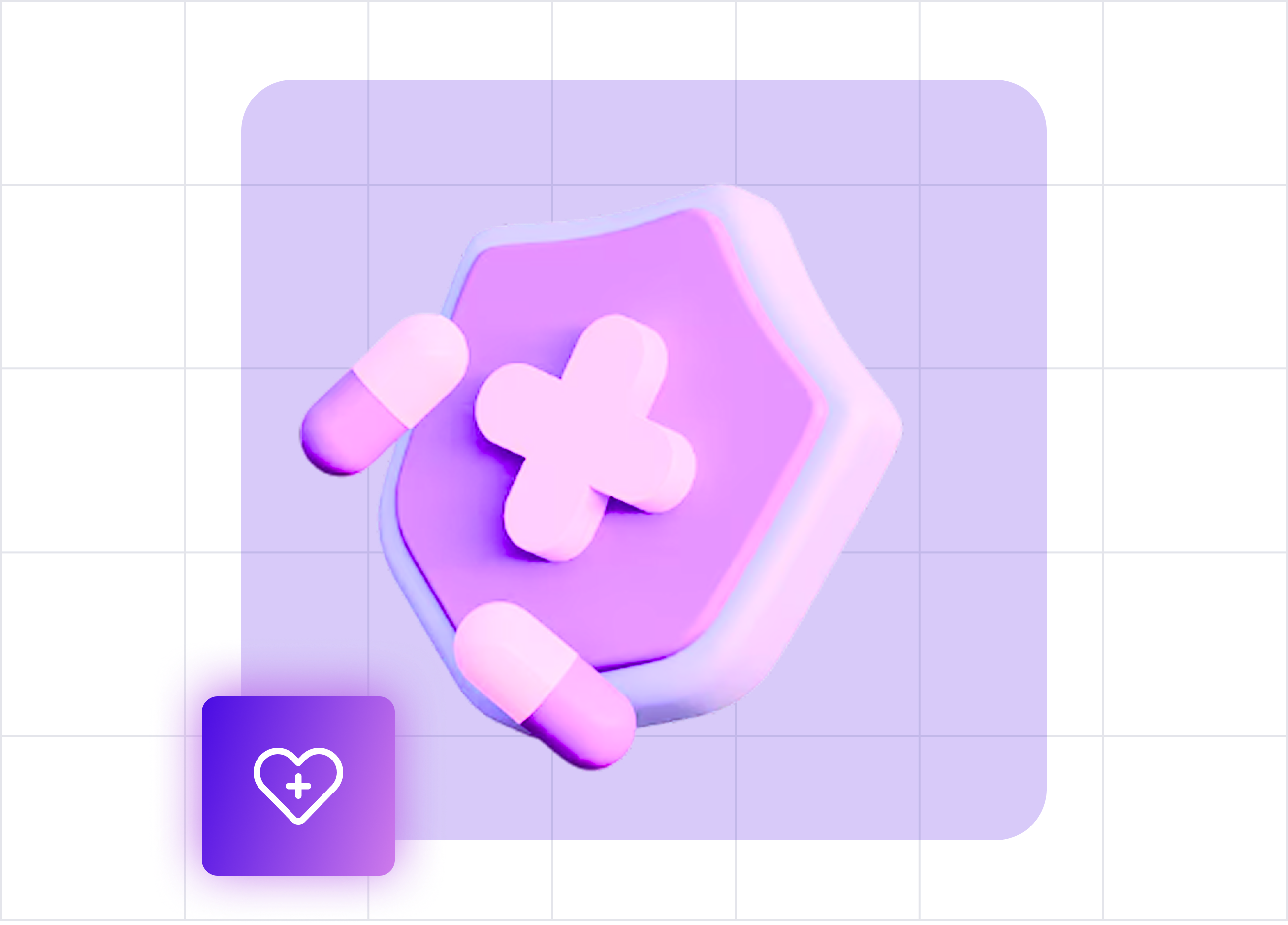 3D purple shield with a pink medical cross and two pink capsules on a blue background, with a glowing heart icon containing a plus sign.