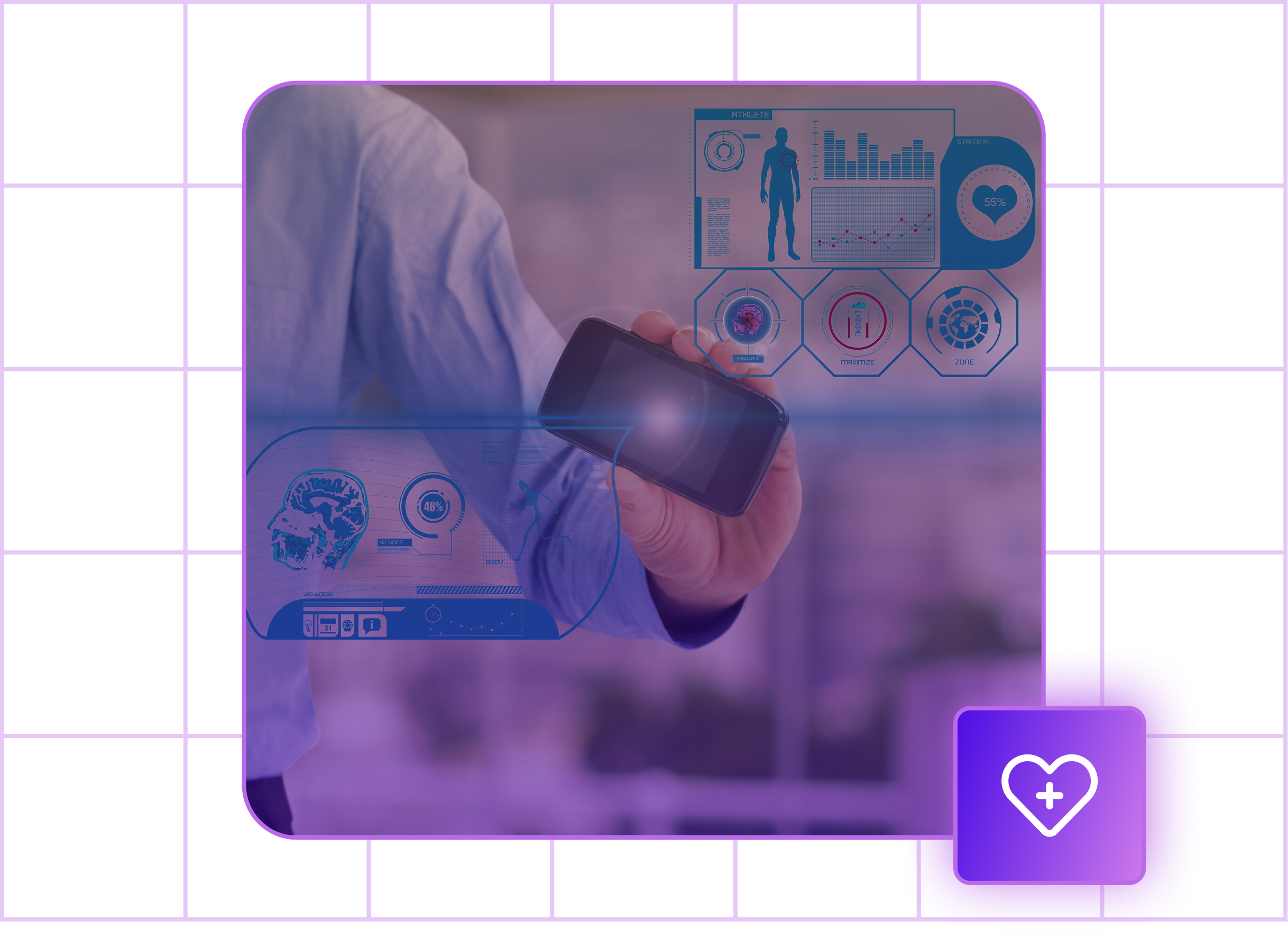Person holding a smartphone with overlaid digital health data and medical icons, including brain scan, heart rate, and wellness metrics.
