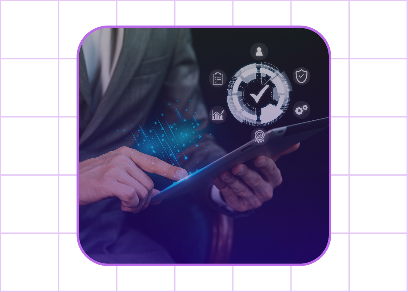 Person in a suit using a tablet with floating digital icons representing security, approval, charts, and settings.