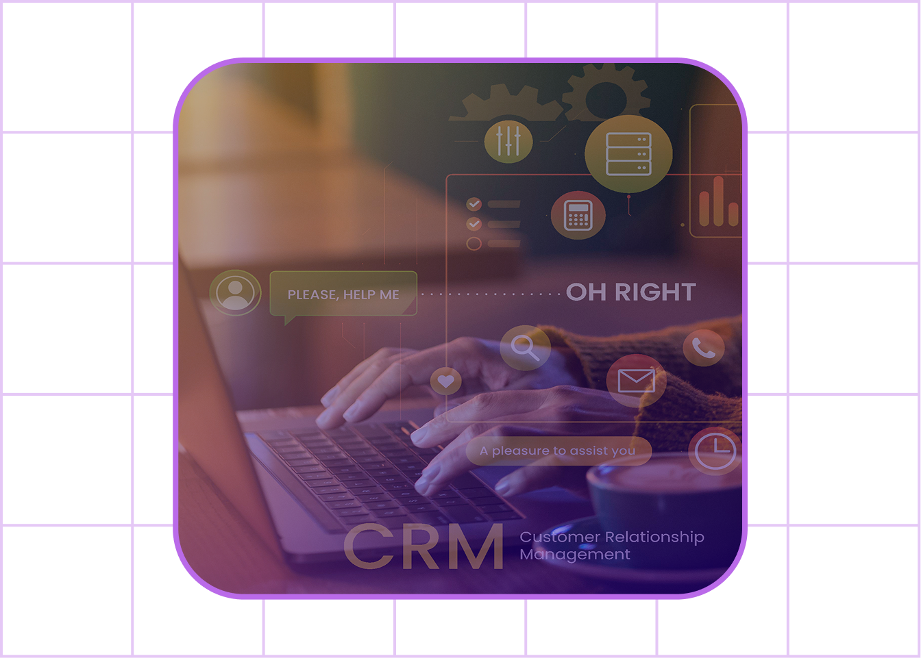 Hands typing on a laptop keyboard with digital icons and text about CRM and customer support overlaid.