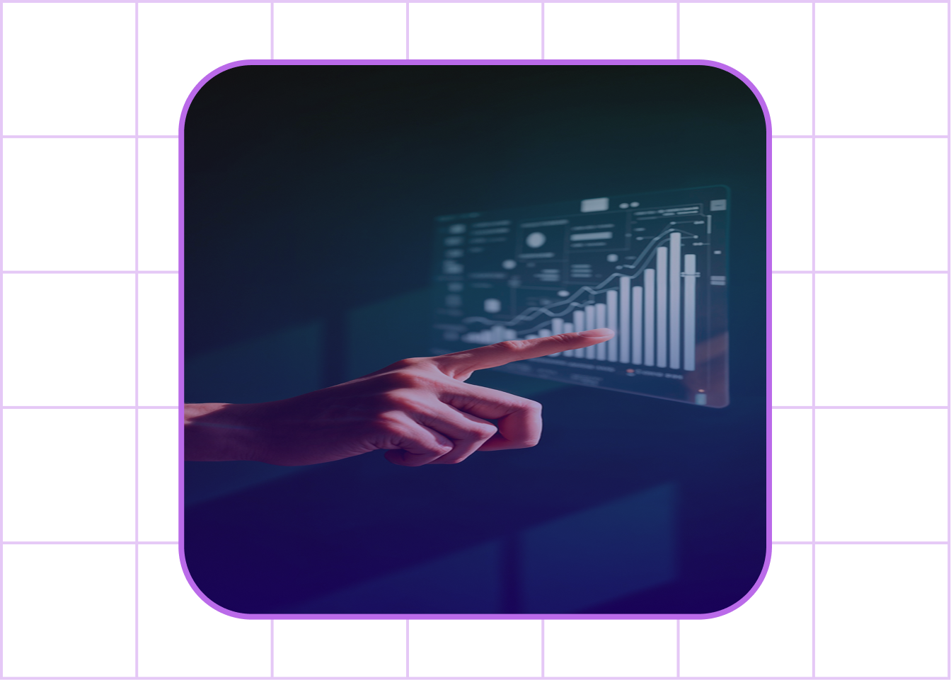 Hand pointing at a transparent digital screen displaying a rising bar chart and data analytics.