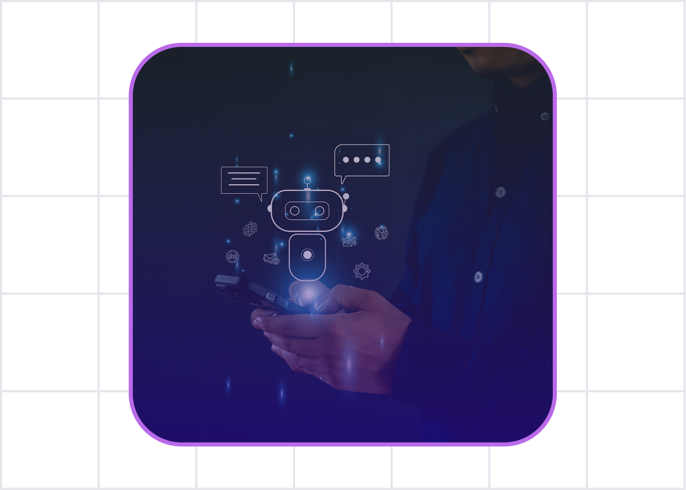 Person holding a smartphone with glowing chatbot and digital communication icons above the device.