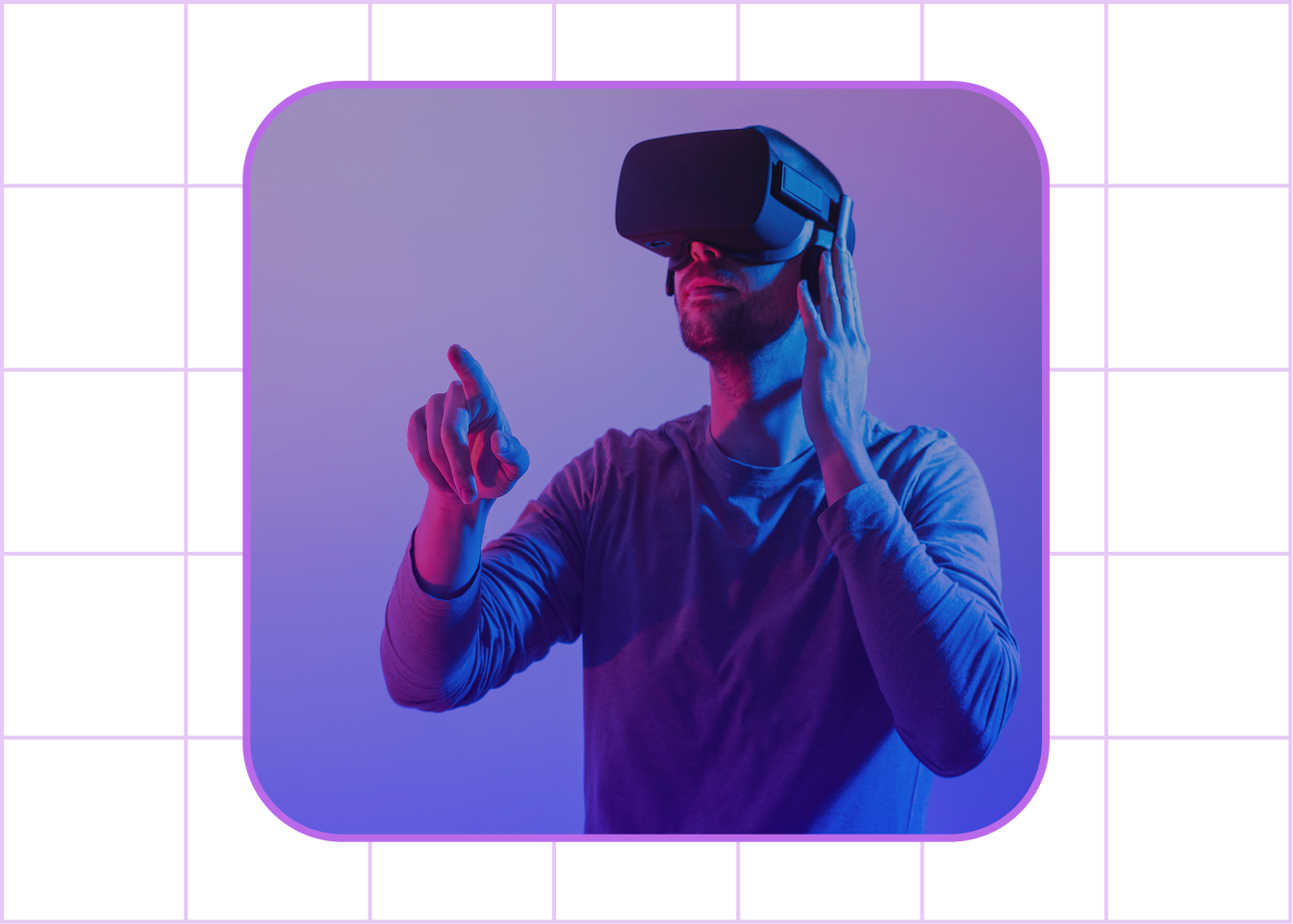 Man wearing a virtual reality headset and interacting with a virtual environment using hand gestures under purple and blue lighting.