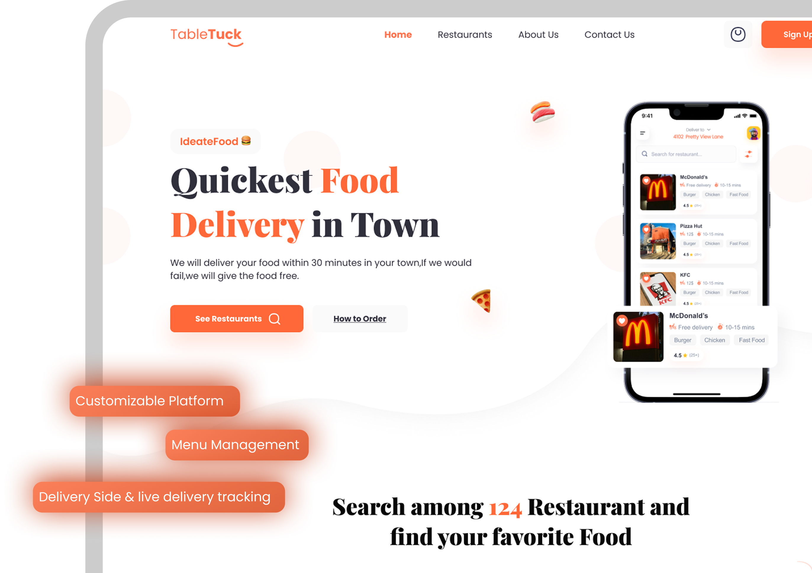TableTuck food delivery app interface with highlights on quickest delivery, customizable platform, menu management, and live tracking features.