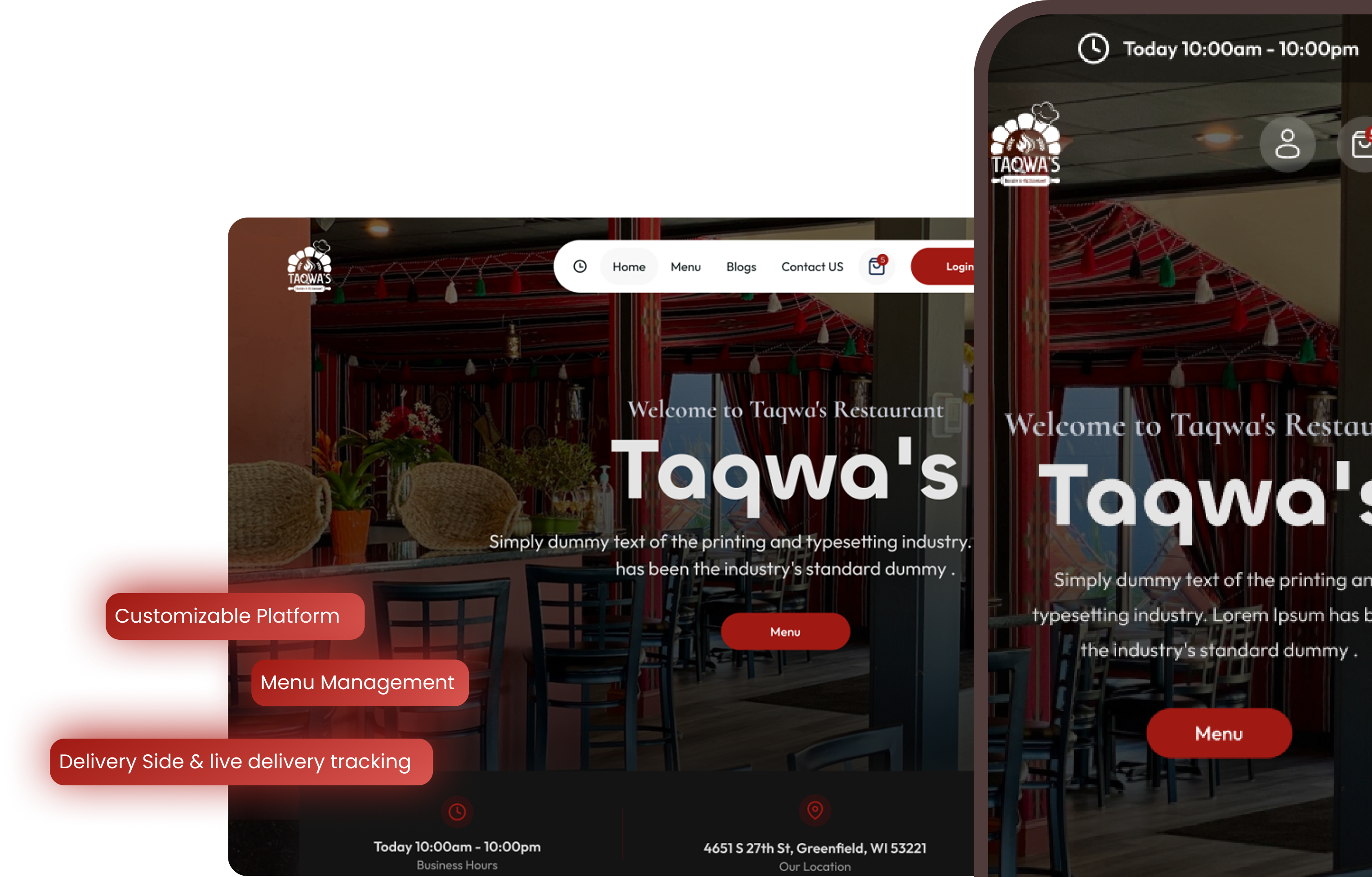 Restaurant website homepage showing dining area, welcome message for Taqwa's Restaurant, business hours, location, and features like customizable platform, menu management, and live delivery tracking.