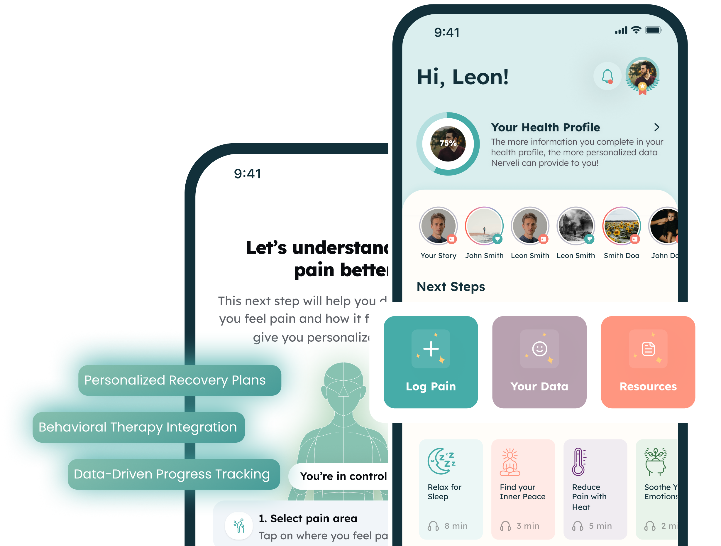 Mobile app interface showing personalized health profile, pain logging options, and recovery plans including behavioral therapy and progress tracking.