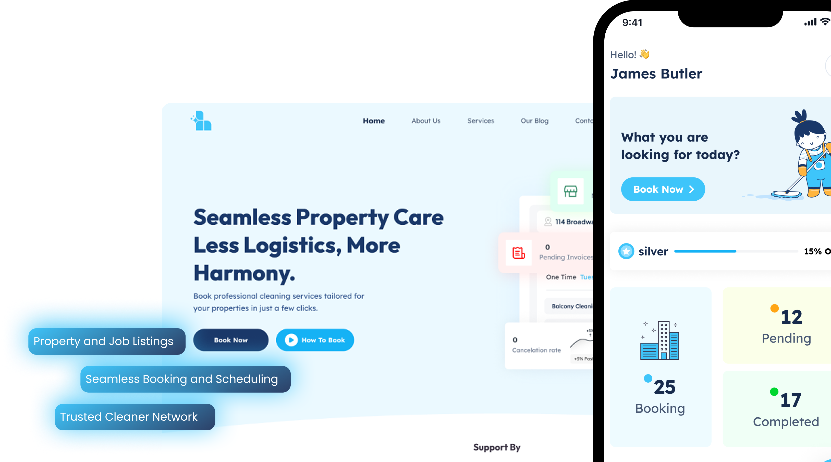 Website and mobile interface for a property care service showing booking features, job listings, and cleaner network.