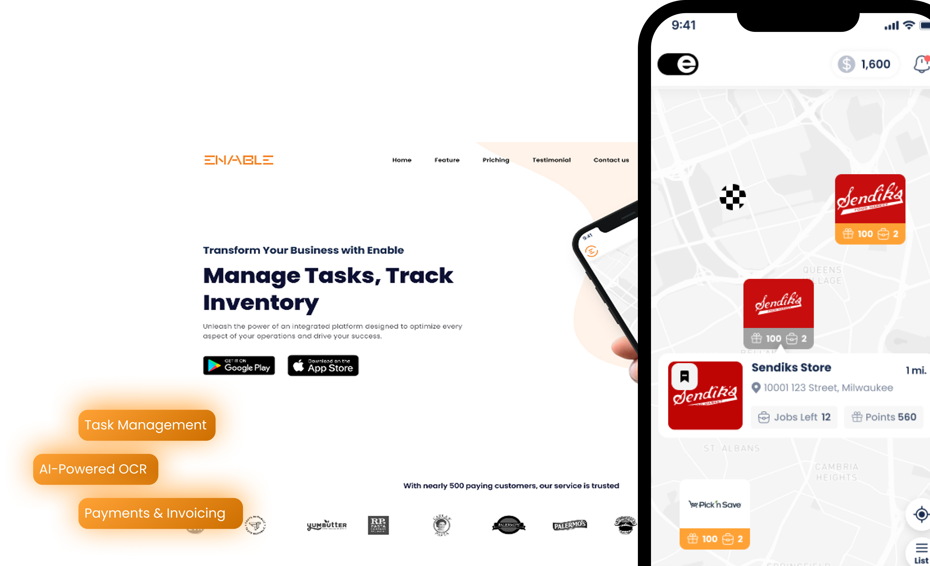 Split screen showing Enable platform website on left with task management, AI-powered OCR, and payments features, and a mobile app map on right displaying nearby stores with job and points info.