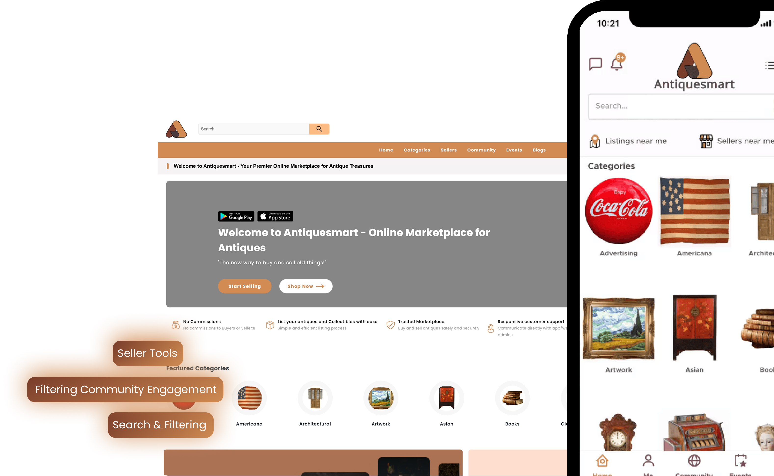 Screenshot of Antiquesmart online marketplace homepage and mobile app showing search bar, categories including Advertising, Americana, Artwork, Asian, and Books with user interface elements.