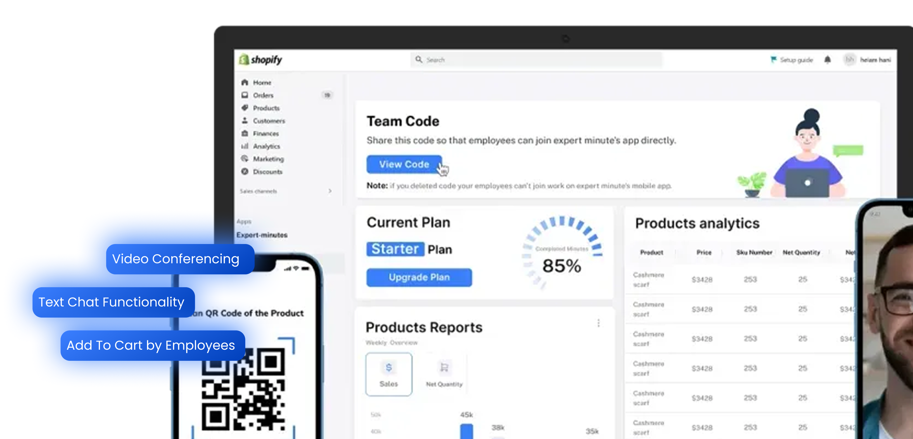 Shopify dashboard on a laptop showing team code, current plan, product reports, and product analytics, alongside a smartphone displaying a QR code and labels for video conferencing, text chat, and add to cart features.