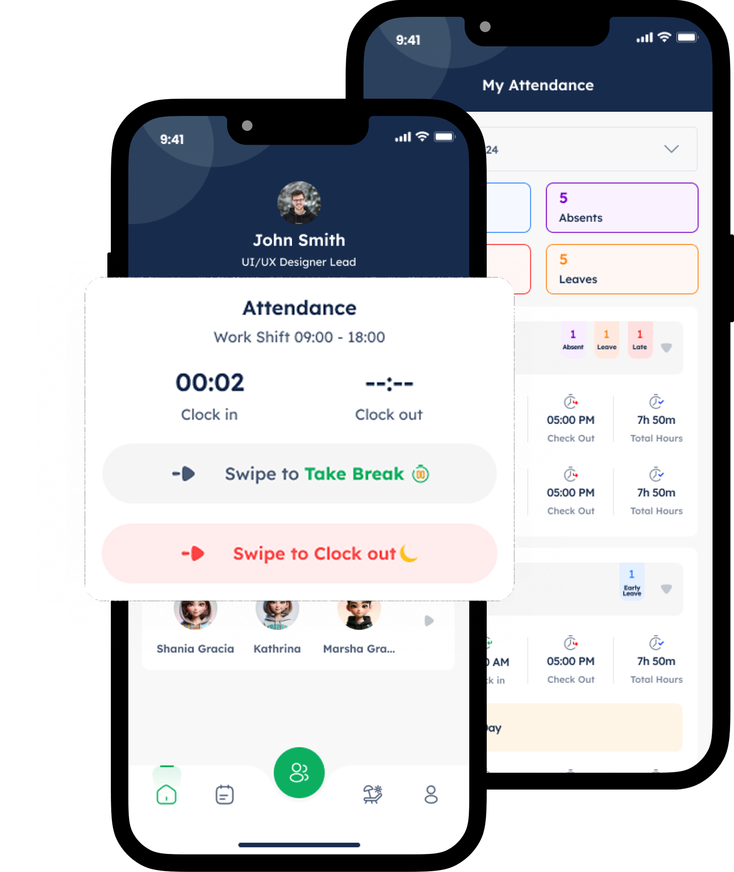 Mobile app interface showing John Smith's attendance with work shift hours, clock in time at 00:02, and swipe buttons to take a break or clock out.