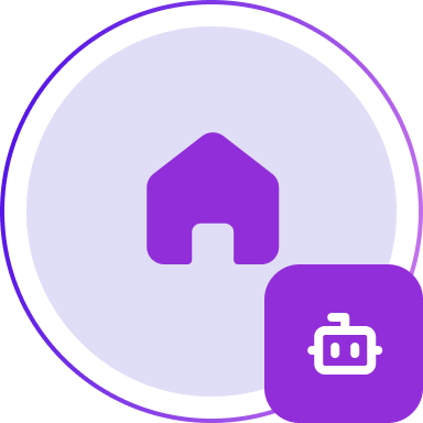 Purple home icon inside a circular button with a smaller purple square containing a robot face icon in the bottom right corner.