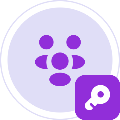 Purple abstract group of people icon with a small key icon on a purple square overlay.