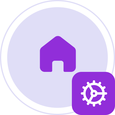 Purple house icon inside a light purple circle with a purple gear icon overlapping the bottom right.