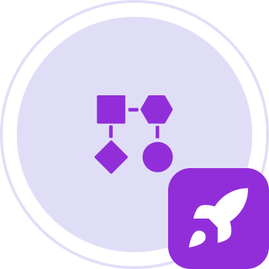 Purple flowchart shapes connected by lines within a circular light purple background, with a rocket icon in a purple square at the bottom right.
