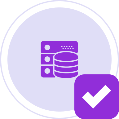 Purple database and server icon inside a light purple circle with a purple checkmark in the bottom right corner.