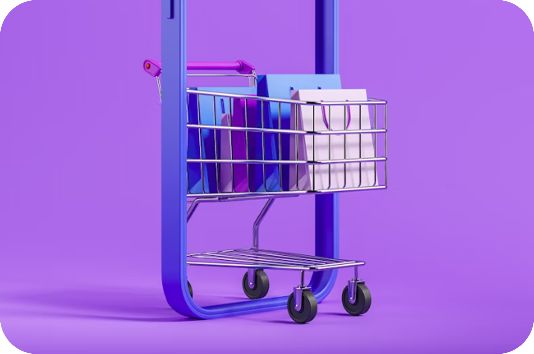 3D illustration of a shopping cart with colorful shopping bags inside against a purple background.