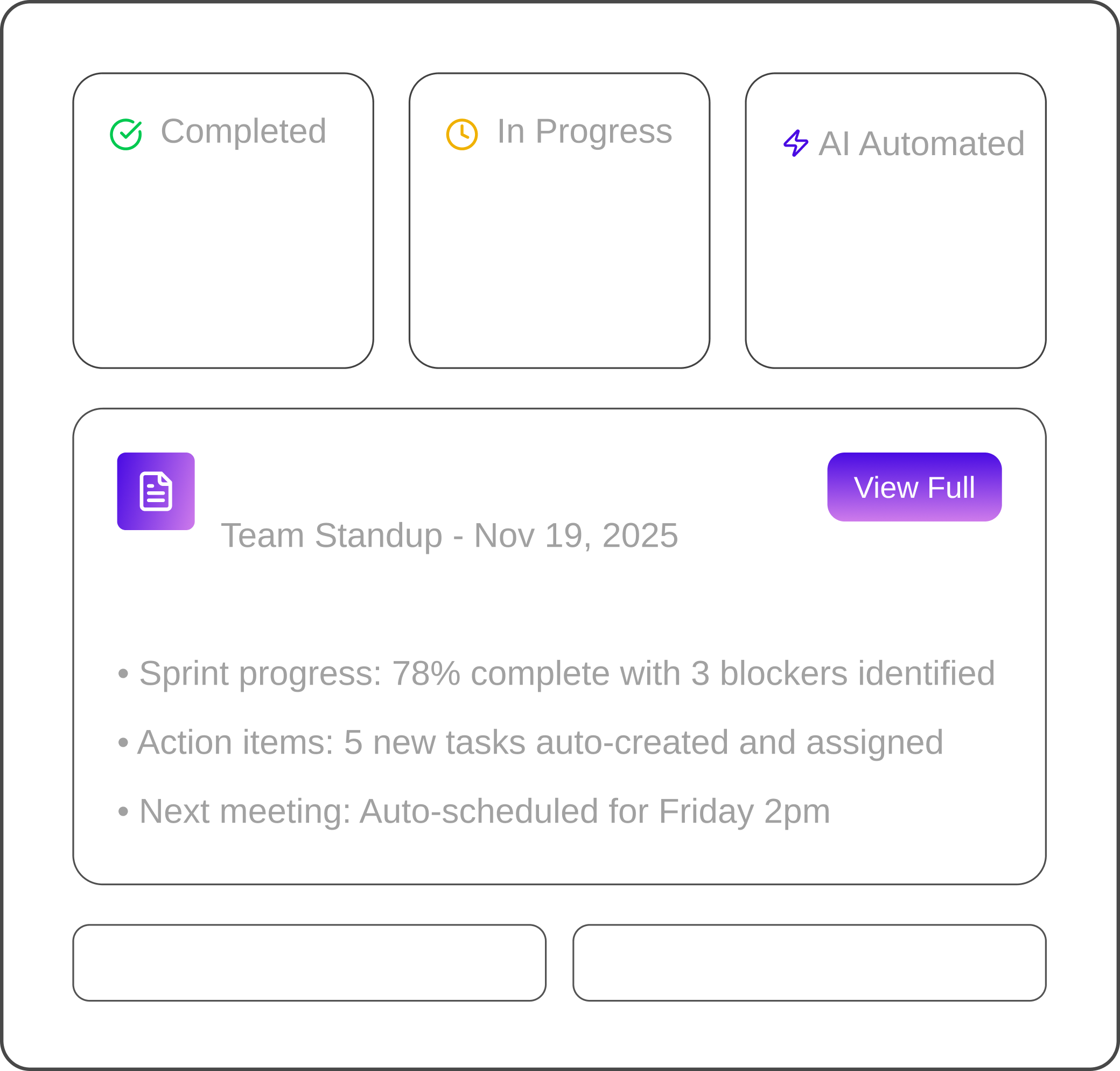 Dashboard showing status icons for Completed, In Progress, and AI Automated; a Team Standup summary dated Nov 19, 2025 with sprint progress at 78%, 3 blockers, 5 new auto-assigned tasks, and next meeting auto-scheduled for Friday 2pm, plus a purple 'View Full' button.