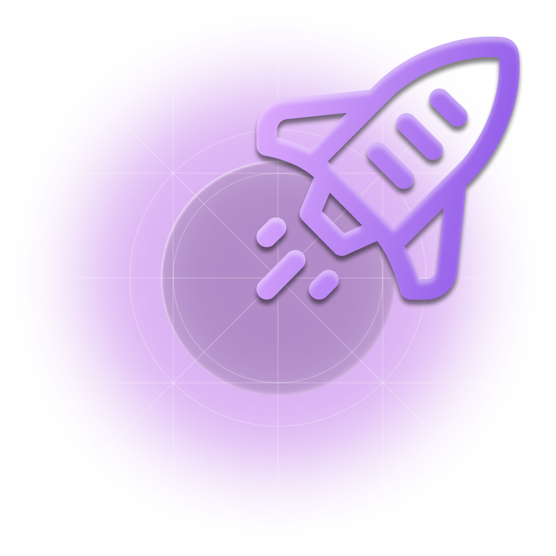 Purple stylized rocket icon launching from a central circle with concentric grid lines on a purple gradient background.