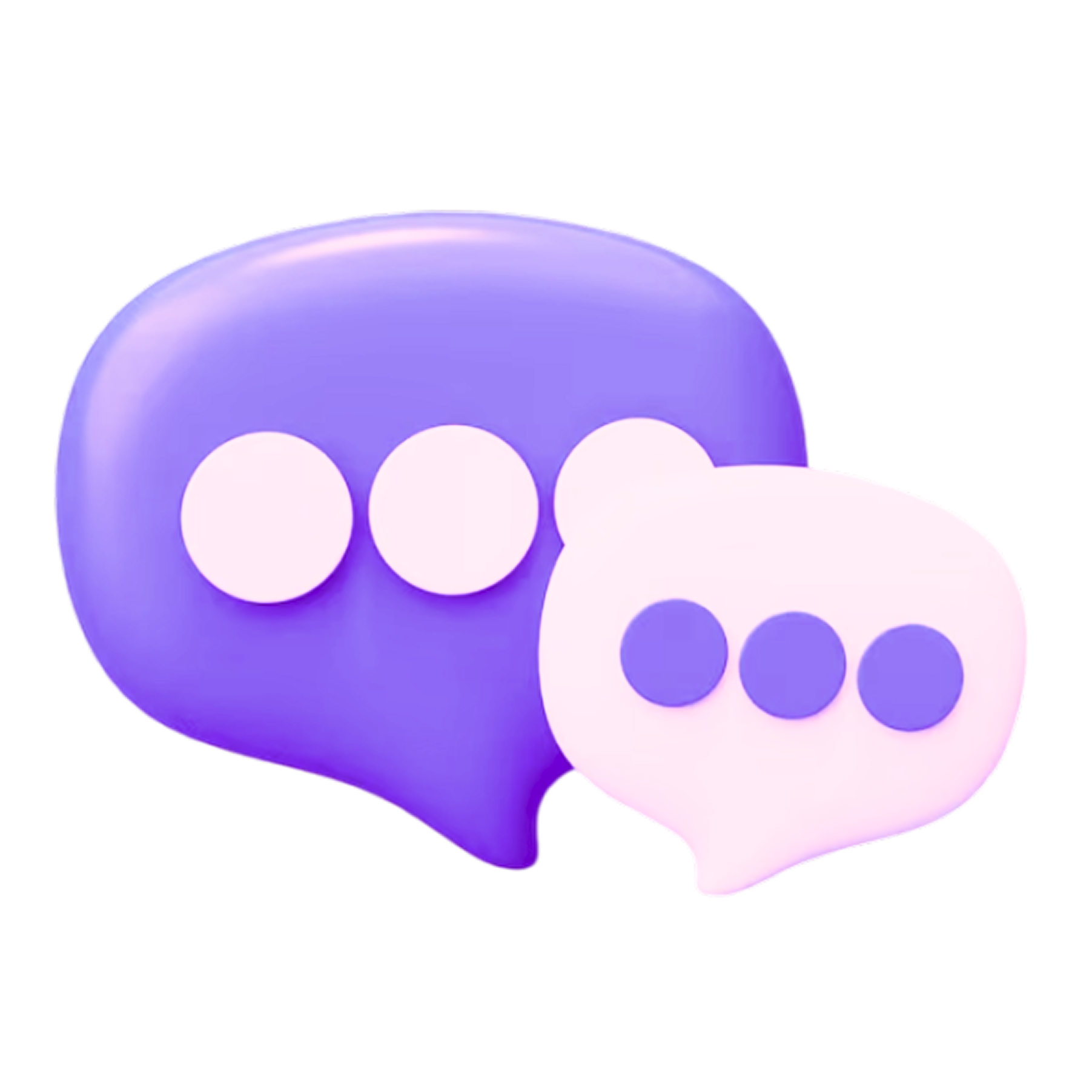Two overlapping chat bubbles with three dots inside each; one bubble is purple and the other is light pink.