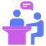 Icon of a person at a podium speaking, with a speech bubble and a person listening.