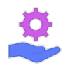 Blue hand icon holding a purple gear above it.