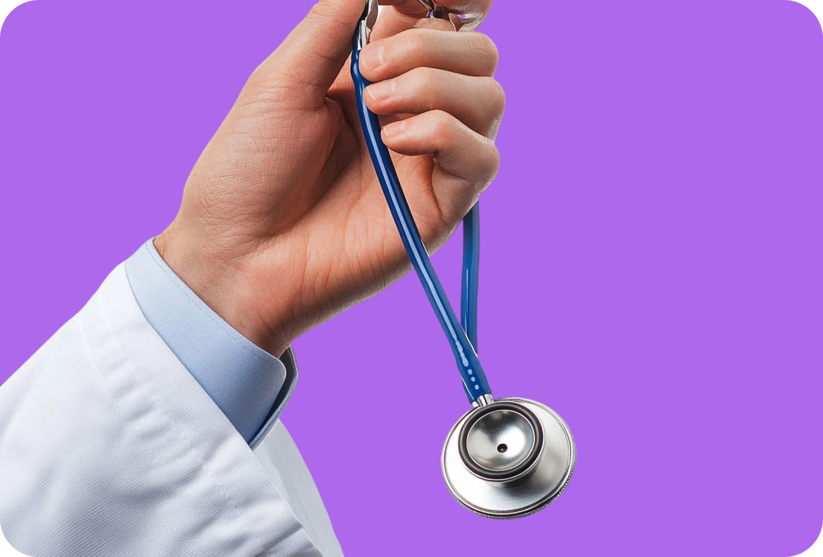 Doctor's hand holding a blue stethoscope against a purple background.