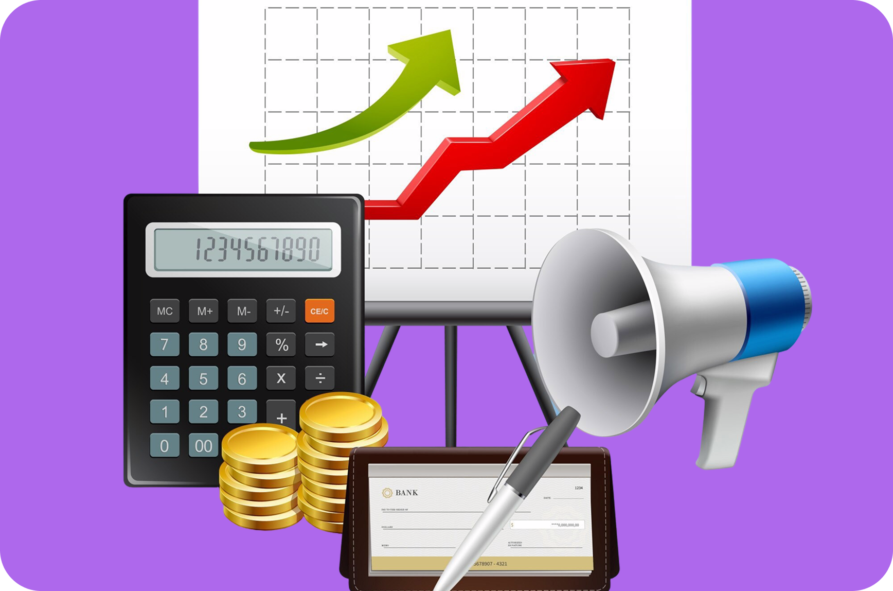 Calculator, stacks of gold coins, a pen with a checkbook, a megaphone, and an easel with a graph showing rising red and green arrows on a purple background.